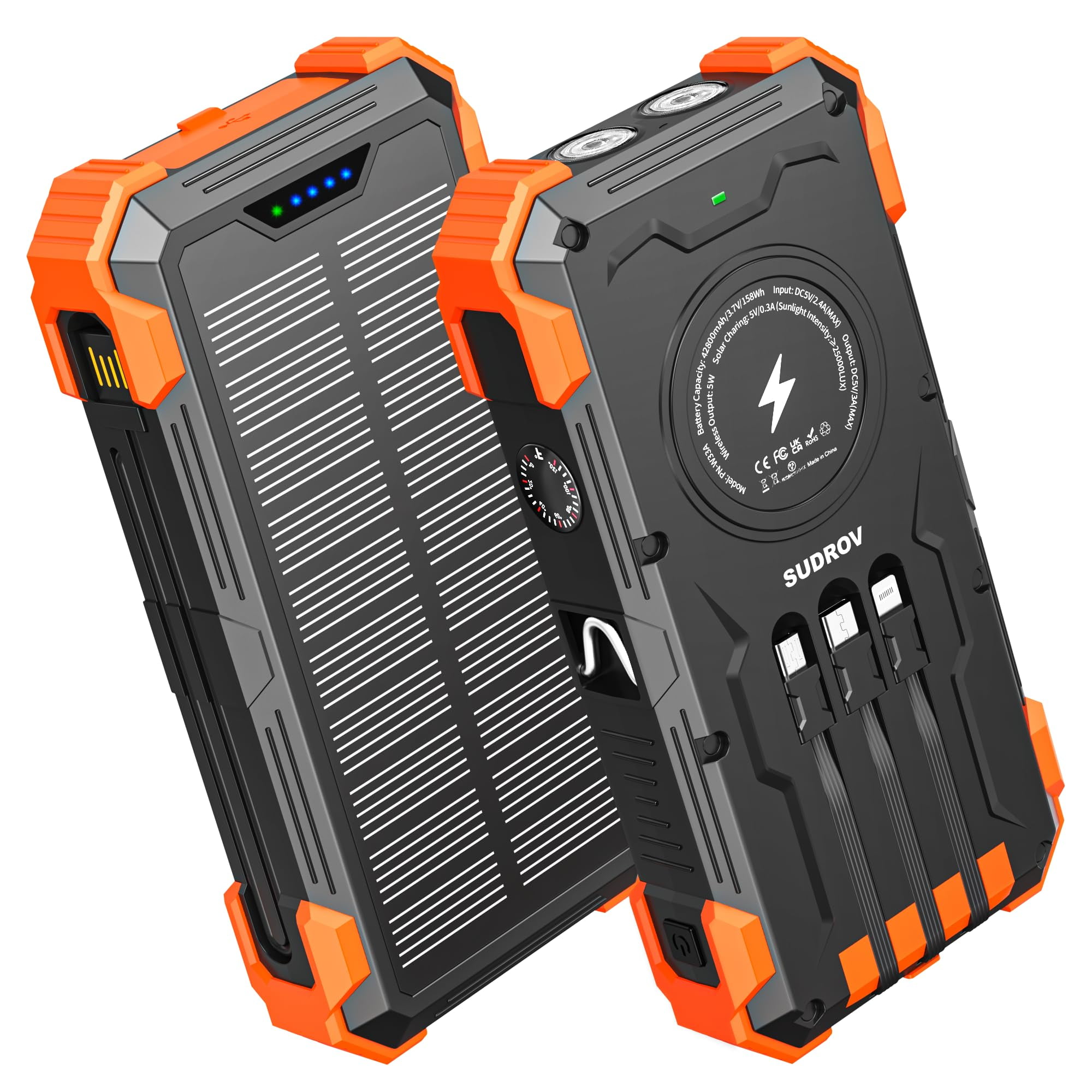 Cargador Solar Power Bank Sudrov 42800 Mah Con 4 Puertos Naranja