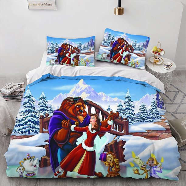 Princess and Beast Cartoon Duvet Cover Set 100% Microfiber Bedding Set Skin-Friendly 3 Piece Comforter Cover Set for a Comfortable Sleep