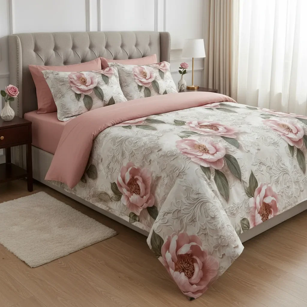 Casadeliacl - Cubrecama 5d Tfi Para Colchón 2 Plazas, Diseño Elegante - Coral Claro - 6