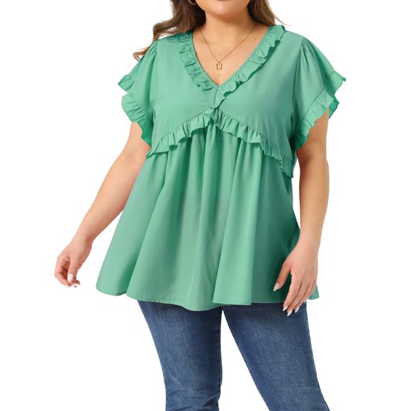 Agnes Orinda Blusa de Pascua para Mujer Talla Grande con Volantes en el Cuello en V de Manga Corta Casual de Verano Babydoll Lindo 2X Verde