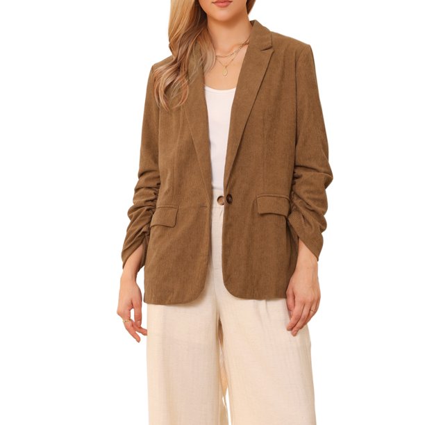INSPIRE CHIC Blazers de pana para mujer elegantes y casuales con un botón, solapa, manga larga, chaquetas de traje de oficina con bolsillos XL marrón