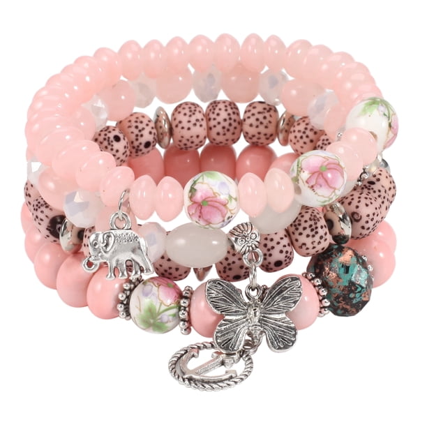 Unique Bohemian Layered Beaded Bracelet - Elephant, Anchor & Butterfly Shaped Pendant - Stretchable & Stackable - Perfect for Summer Beach & Unisex Accessories