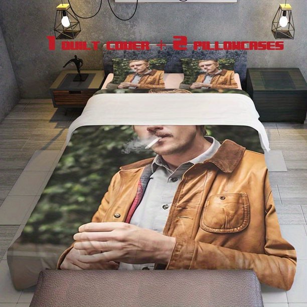 3pcs Brown Jacket for Man Smoking in Front of Green Plants Themed Print Bedding Set Soft Duvet Cover and Two Pillowcases