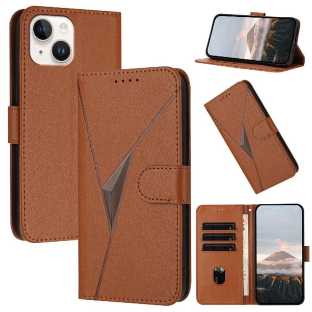 Funda Cartera Fibra de Carbono para iPhone 14 Plus con Soporte y Cierre Magnético Marrón