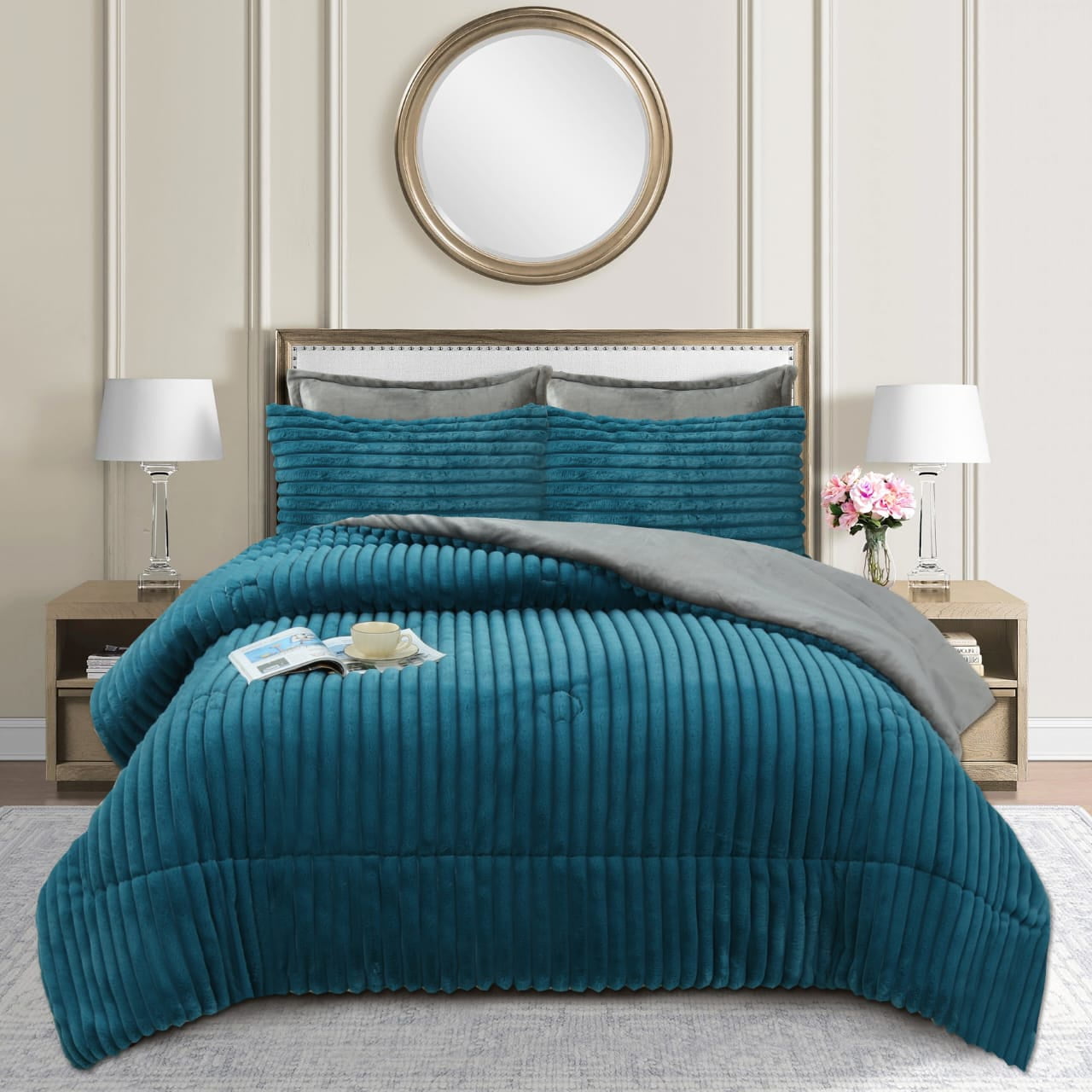 Aladdins Shop - Cobertor De Invierno 2 Plazas Modelo Lineas Piel De Oveja Color Turquesa