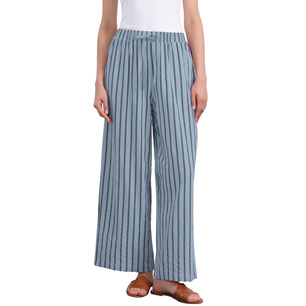 INSPIRE CHIC Pantalones de rayas con cordón casuales para mujer de regreso a clases, pantalones anchos de cintura alta de algodón sueltos azul M