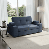 Camila Home - Sofá Cama 3 Cuerpos Azul Oscuro Lino Repelente 185 Cm Con Baúl Y Puffs