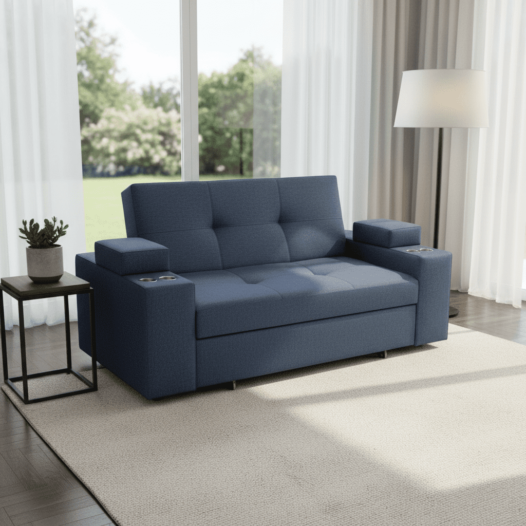 Camila Home - Sofá Cama 3 Cuerpos Azul Oscuro Lino Repelente 185 Cm Con Baúl Y Puffs