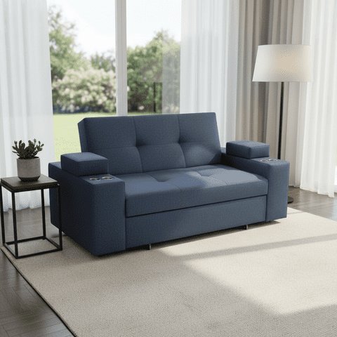 Camila Home - Sofá Cama 3 Cuerpos Azul Oscuro Lino Repelente 185 Cm Con Baúl Y Puffs