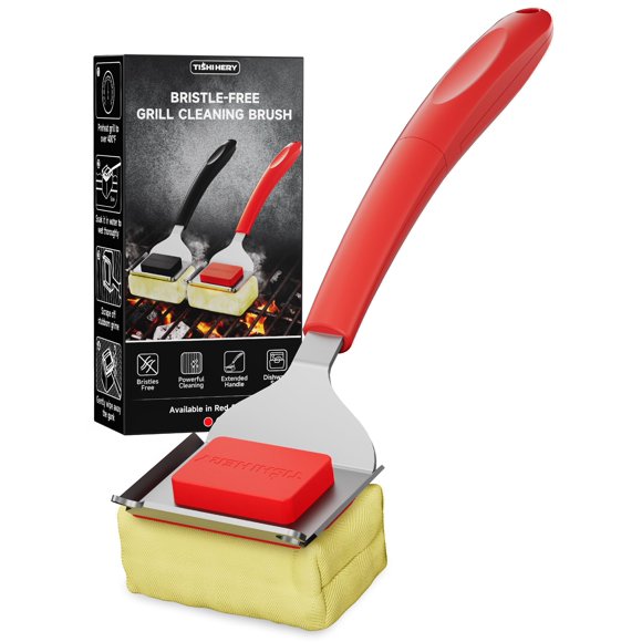 Cepillo para parrilla TISHI HERY sin cerdas con raspador, rojo
