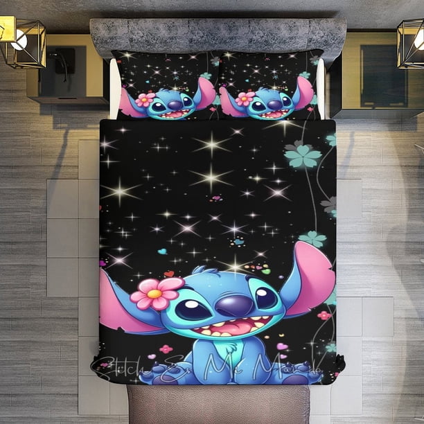 3 Pieces Cartoon Stitch Bedding Comforter Set Full with 2 Pillowcases for Kids Teens Girls Women Microfiber Easy Wash Light Breathable Cozy White Base Bed Sheets