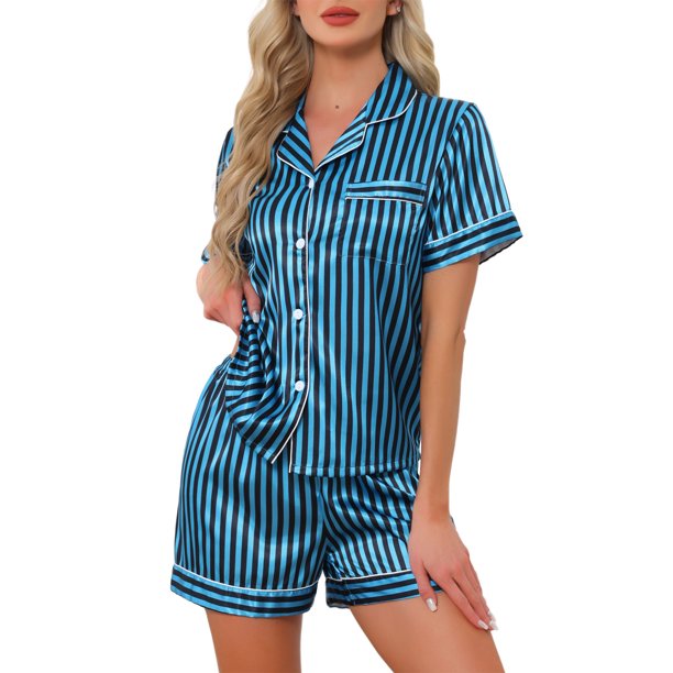 INSPIRE CHIC Conjunto de Pijama de Satén para Mujer Camisa de Manga Corta con Botones y Pantalones Cortos con Cuello en V y Estampado de Rayas L Azul Negro a Rayas
