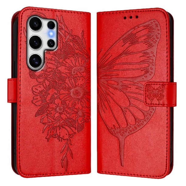 Funda cartera mariposa para Samsung Galaxy S25 Ultra con soporte y ranuras para tarjetas Rojo