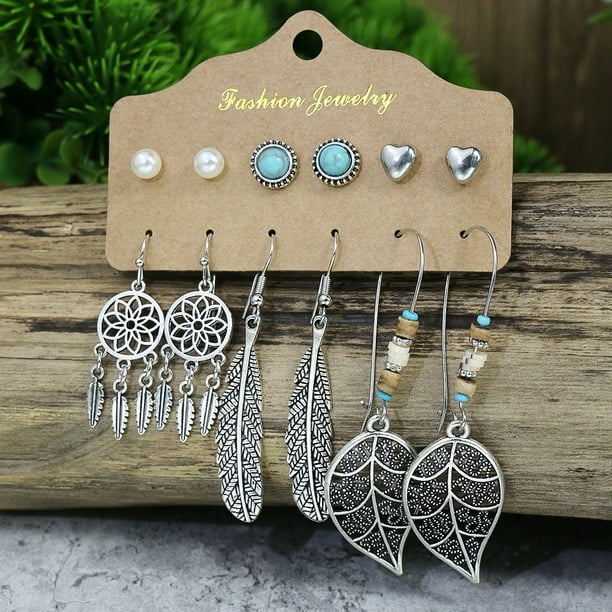 36pairs Vintage Water Droplet Heart Eardrop Turquoise Pine Engraved Stud Earrings - Ancient Silver Geometric Design