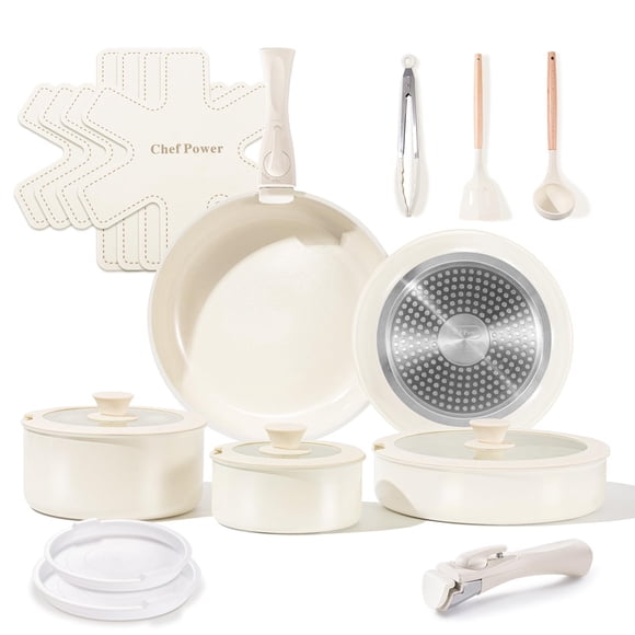 Set de utensilios de cocina Chef Power de cerámica antiadherente, 19 unidades, color blanco crema