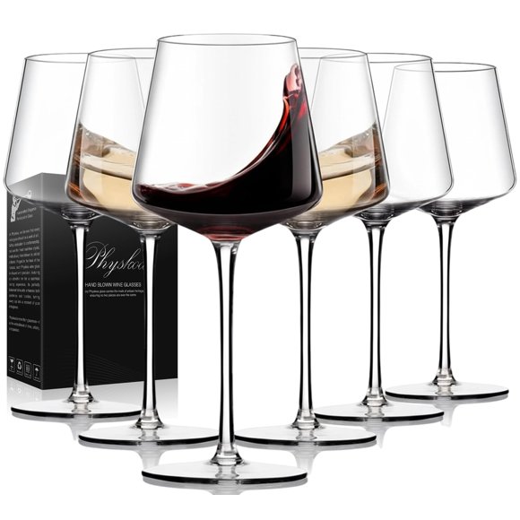 Juego de copas de vino Physkoa, 6 x 450 ml, vidrio soplado a mano sin plomo