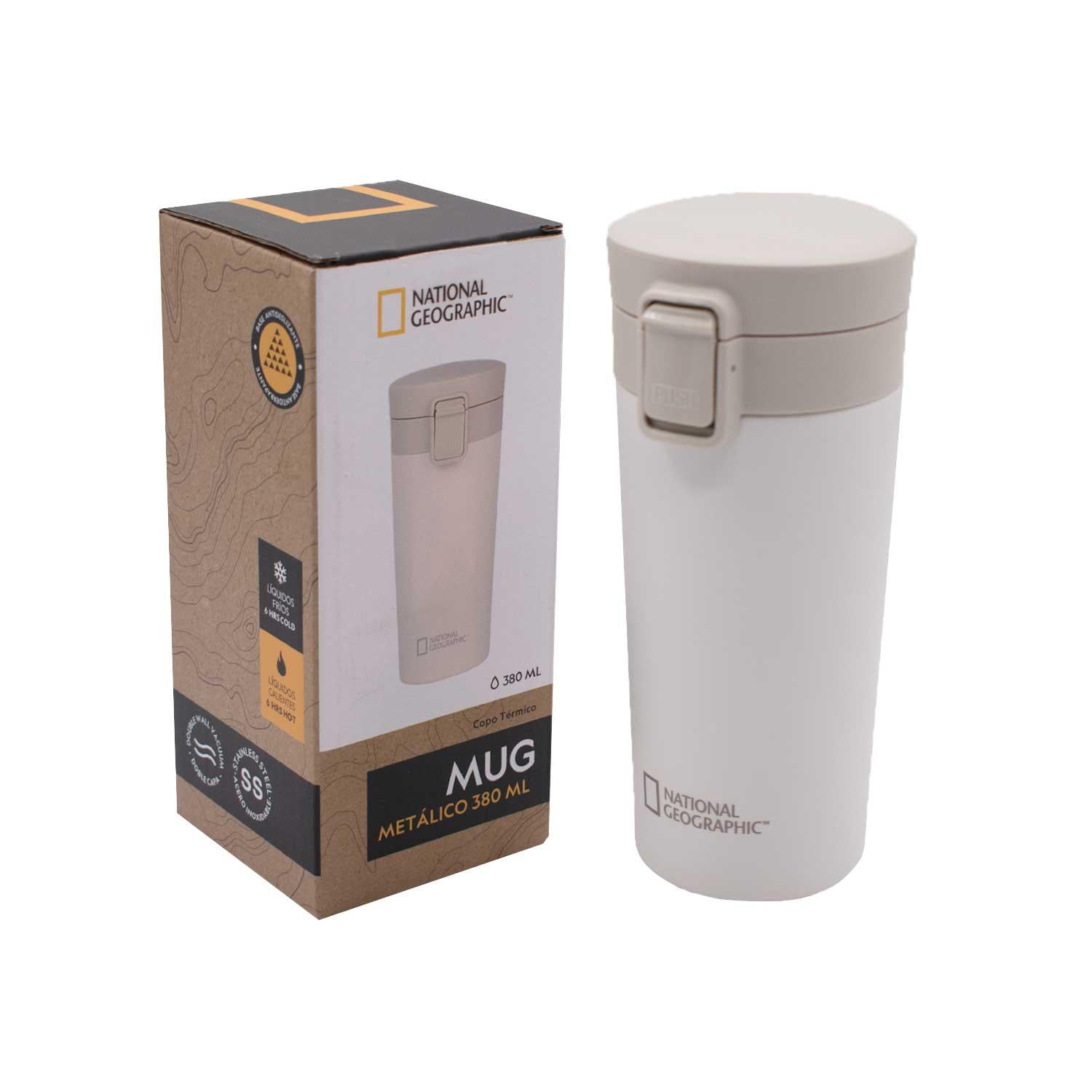 National Geographic - Mug Acero Inoxidable Tapa Con Pulsador Y Antideslizante 380ml Blanco