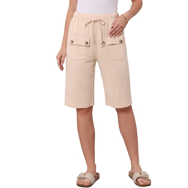 Pantalones cortos casuales para mujeres, cintura elástica, cordón, longitud de rodilla, pantalones cortos cómodos de verano con bolsillos S albaricoque