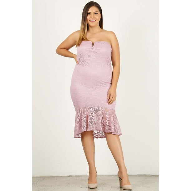 Vestido Midi Ajustado Sin Tirantes Y De Encaje De Talla Grande