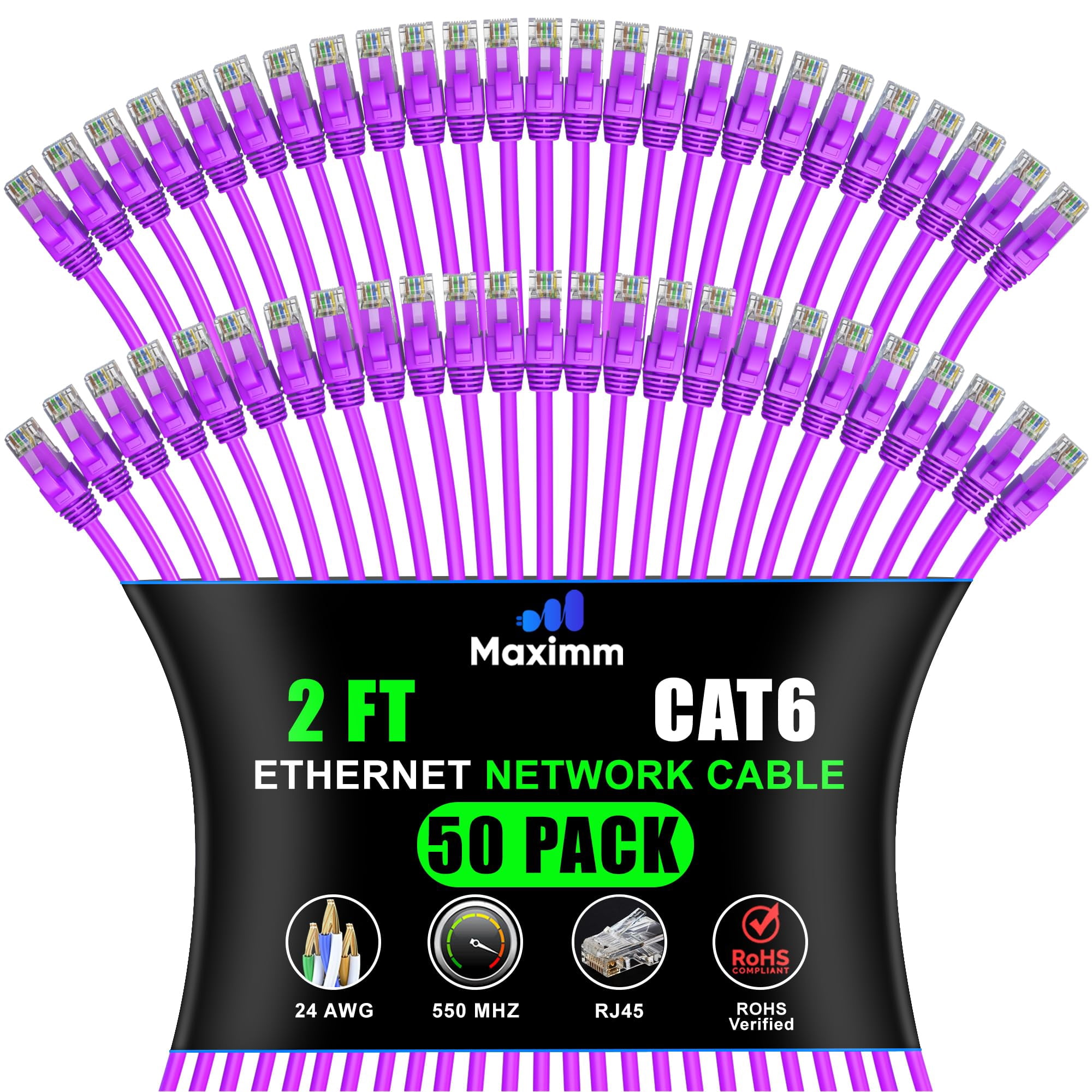 Cable Ethernet Maximm Cat6 De 0,6 M, Morado, Paquete De 50