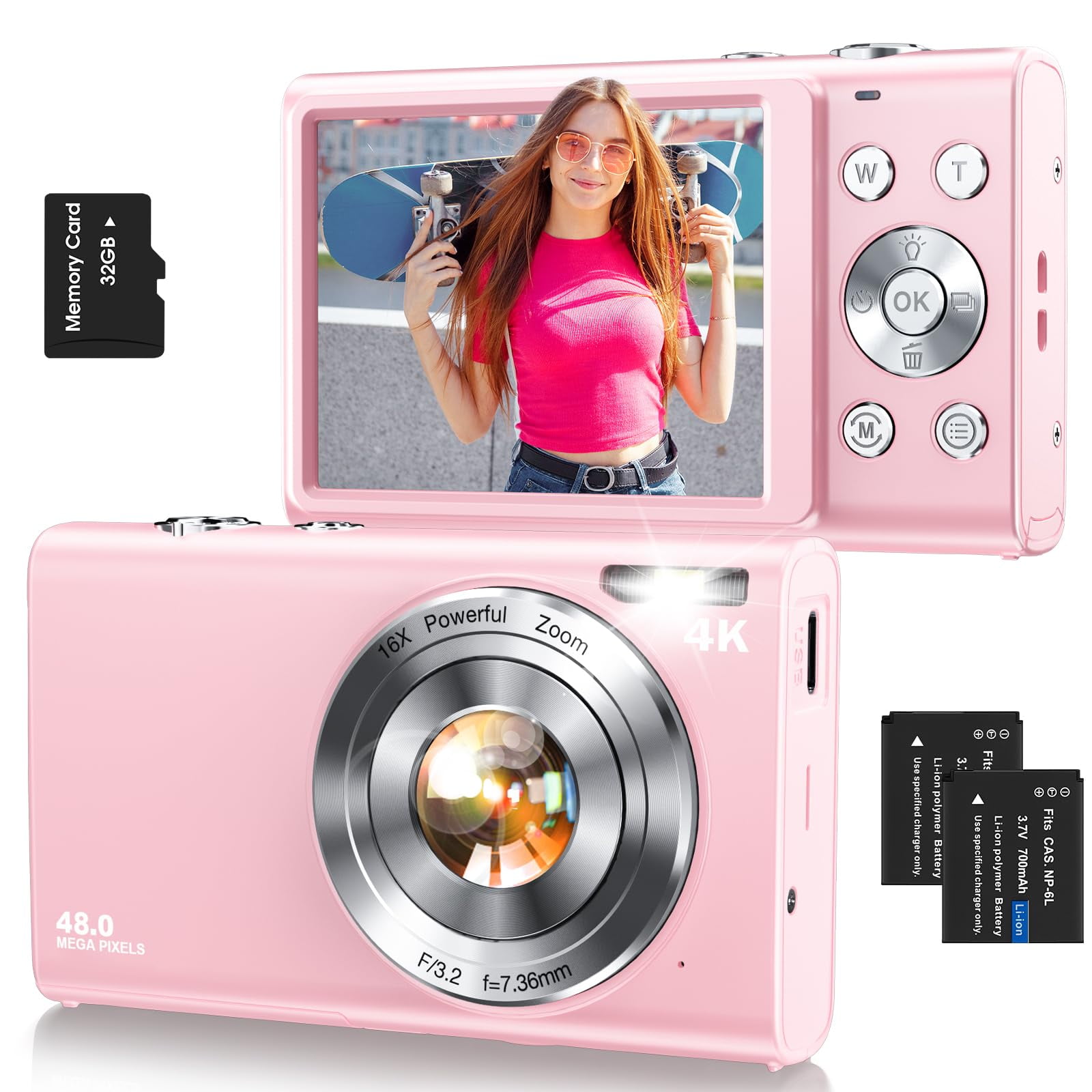 Cámara Digital Lecnippy 4k De 48 Mp Con Tarjeta De 32 Gb Con Zoom 16x, Color Rosa