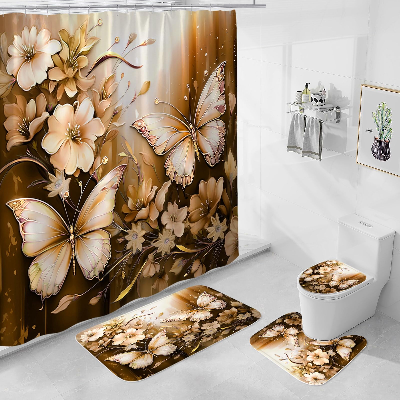 Set De Decoración De Baño Litabel, Cortina De Ducha Con Tapetes Y Funda De Inodoro