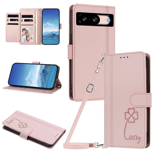 Funda Cartera Trébol para Google Pixel 8 con Ranuras Tarjetas y Carga Inalámbrica Rosa
