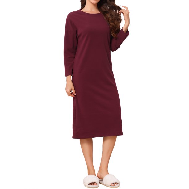 INSPIRE CHIC Camisón térmico de mujer de Dralon Fleece acanalado de manga larga con cuello redondo caído y ajuste holgado, vestido de dormir midi, pijama, talla S, rojo