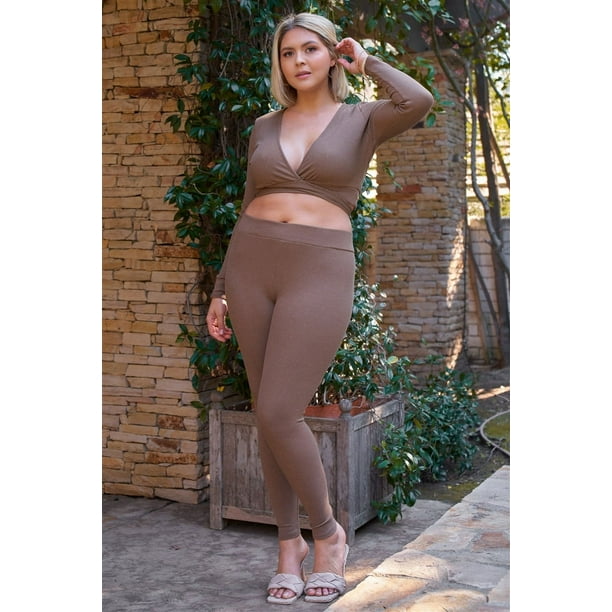 Conjunto de Top de Manga Larga con Escote Pronunciado en Color Moca, con Lazo en la Espalda O en la Cintura Delantera y Pantalones Ajustados de Cintura Alta