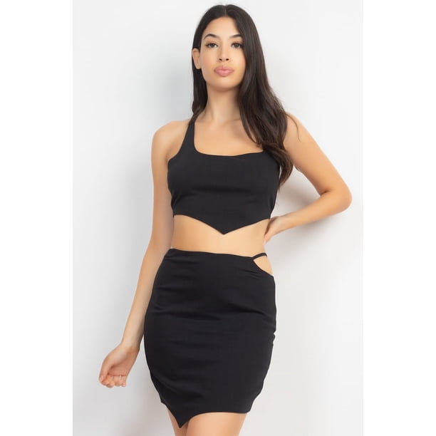 Conjunto de Top y Falda Asimétricos con Espalda Cruzada en Color Negro Talla L