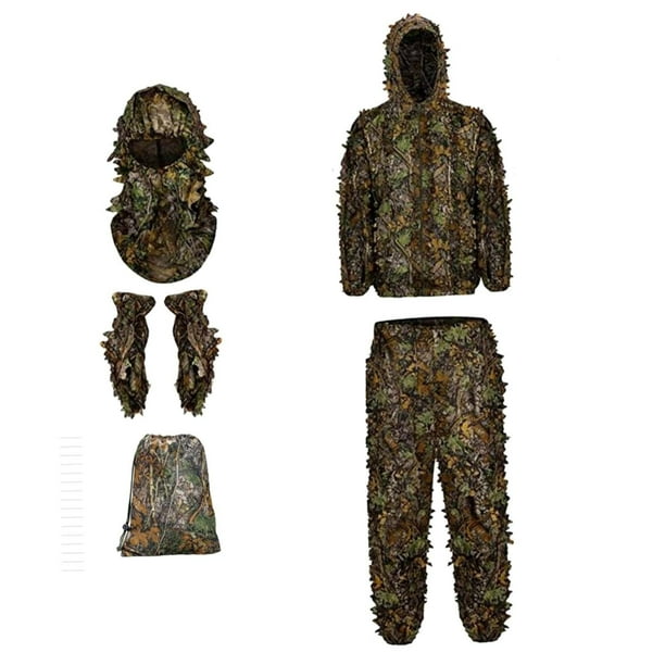 Traje Ghillie Máscara de Cara Completa Guantes Conjunto Traje Capucha Pantalones Woodland Chaqueta Ligera Traje de Camuflaje 3D Frondoso para Hallowee , M L ML