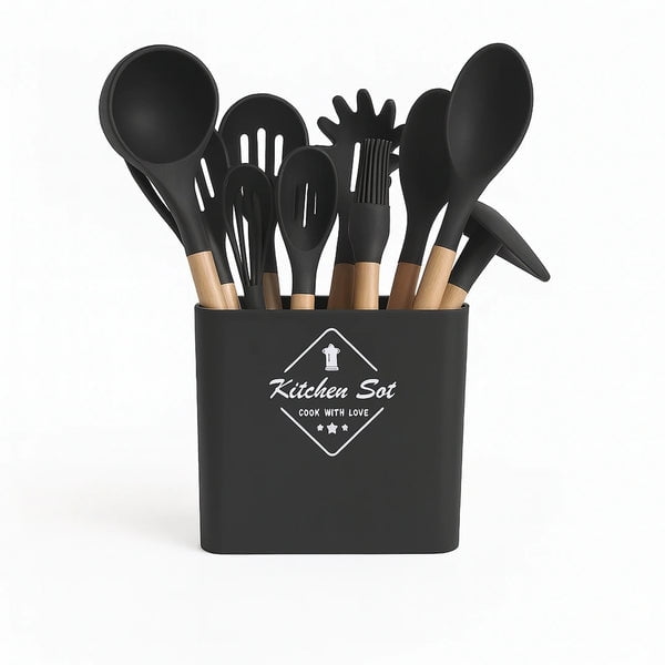 Estilodomus - Set 12pcs Utensilios De Cocina De Silicona Antiadherentes Negro