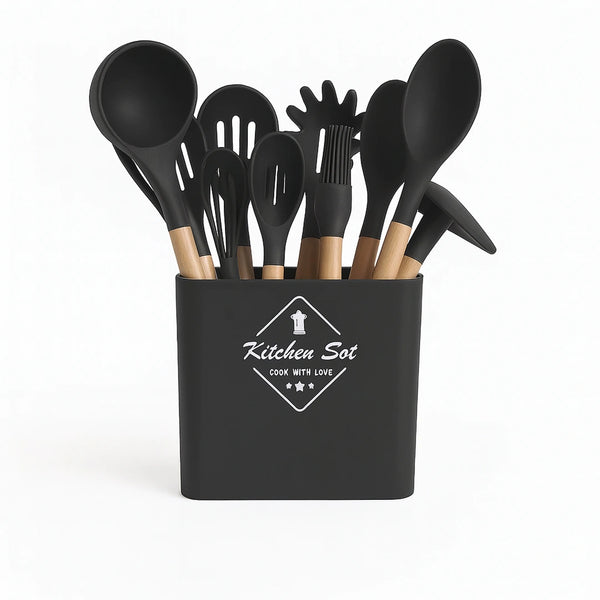 Estilodomus - Set 12Pcs Utensilios De Cocina De Silicona Antiadherentes Negro