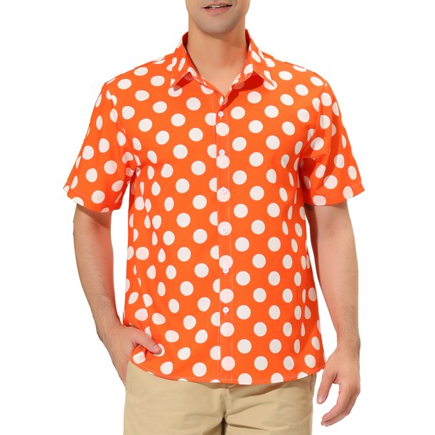 Camisa de Lunares de Verano para Hombre INSPIRE CHIC Regreso a Clases, Camisa de Manga Corta con Botones, L Naranja