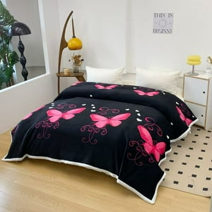 Aladdins Shop - Frazada De Plush Y Chiporro 2 Plazas - Manta Termica Negro Mariposas Fucsia