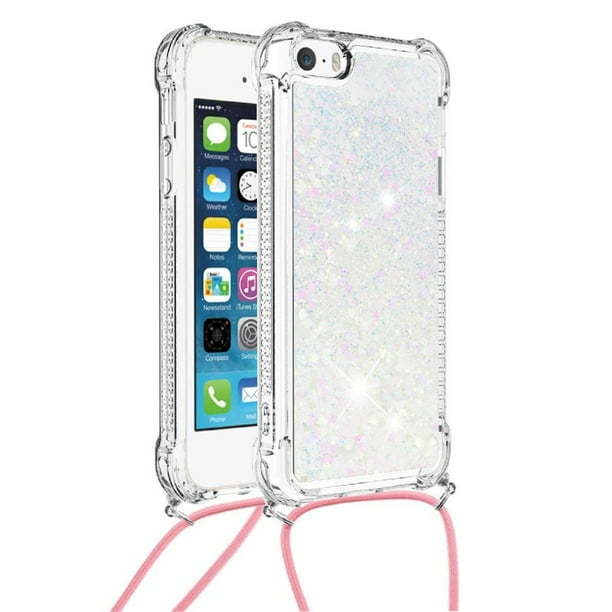 Funda FOXDOCK para iPhone 5/5s con Cuerda Ajustable, Brillo Líquido, Protección Antigolpes y Lente – Ideal para Regalo