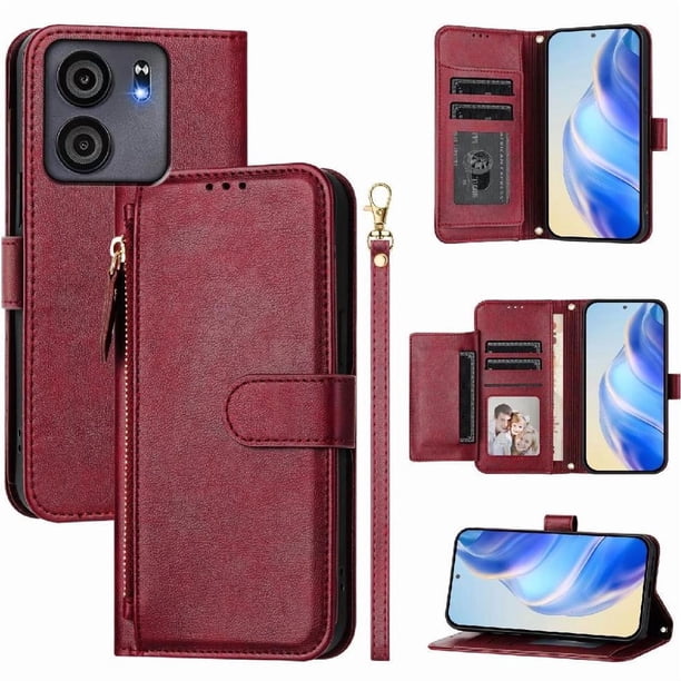 Funda tipo cartera para BLU View 5 con bolsillo con cremallera, tarjetero, soporte, correa para la muñeca y tapa de cuero Rojo