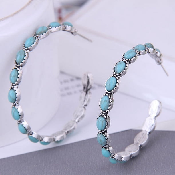 1pair Bohemian Turquoise Metal Hoop Earrings - Silver Plated Party Jewelry for Women and Girls - Unique and Stylish Accessory