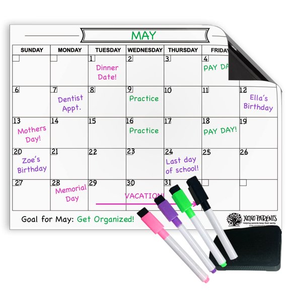 Calendario magnético borrable en seco para pizarra blanca XOXO Parents