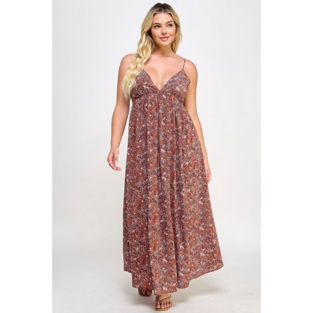Saronite Vestido Largo con Estampado Floral y Lazo en la Espalda, Color Óxido (Talla Grande para Mujer)