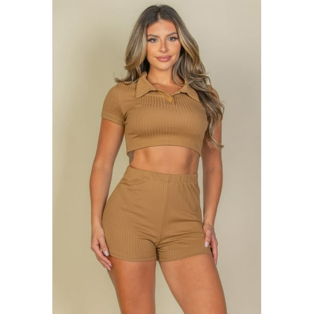 Conjunto de Top Corto y Shorts de Manga Corta con Cuello Acanalado