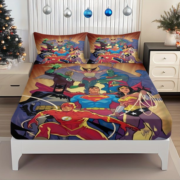 Justice League Assembled Fitted Sheet Superman Batman And Wonder Woman Fight Side-By-Side Protecting The City'S Peace Patterned Mattress Protector Elastic Desig