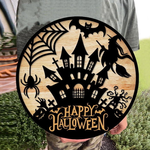 1pc Scary Porch Decor - Welcome Sign for Halloween Wreath, Happy Halloween Door Hanging, Christmas Ornaments Balls - Wooden Home Decorations Sign for Halloween Party Decor