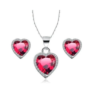 Set De Joyería Paris Jewelry 18K White Gold Plated Heart 4 Carat Created Ruby 18 Inch