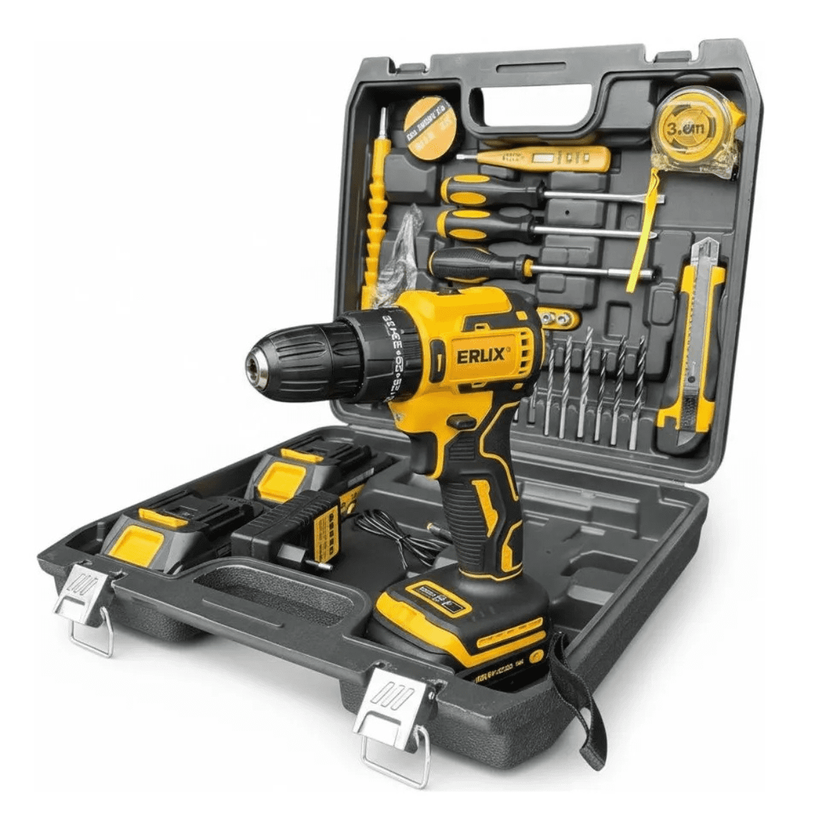 Erux - Taladro Atornillador / Percutor 21v + Set De Herramientas Amarillo 50hz