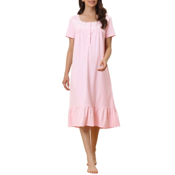 INSPIRE CHIC Camisón de Algodón para Mujer Cuello Cuadrado Vintage Camiseta de Dormir con Encaje y Dobladillo con Volantes Manga Corta Ropa de Casa 2XL Rosa