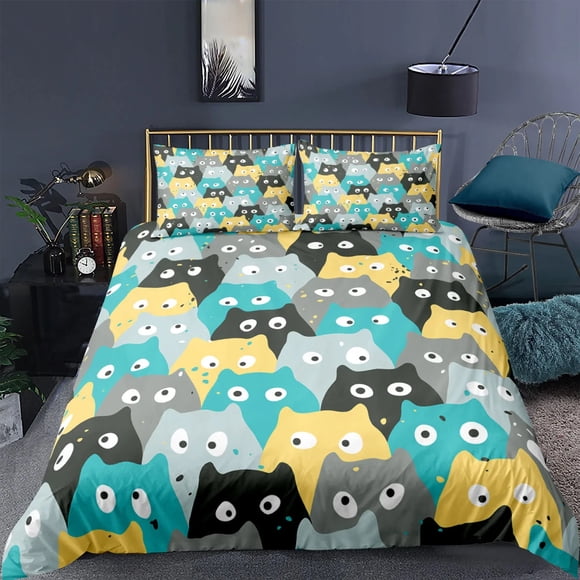 x2315 Bed SheetsCat Duvet Cover Polyester Pattern with Hipster Playful Feline Characters, Decorative Piece Twin Bedding Set with Pillow Sham 3-Piece Bedding Set (1 Duvet Cover + 2 Pillow Shams) nj23