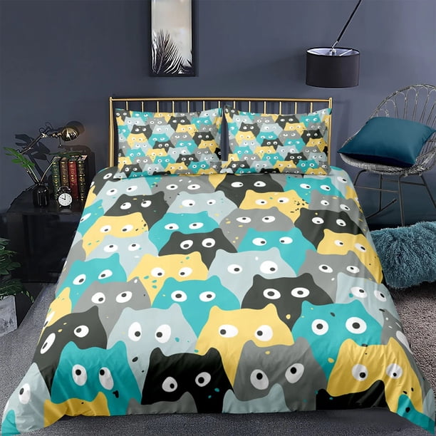 x2315 Bed SheetsCat Duvet Cover Polyester Pattern with Hipster Playful Feline Characters, Decorative Piece Twin Bedding Set with Pillow Sham 3-Piece Bedding Set (1 Duvet Cover + 2 Pillow Shams) nj23