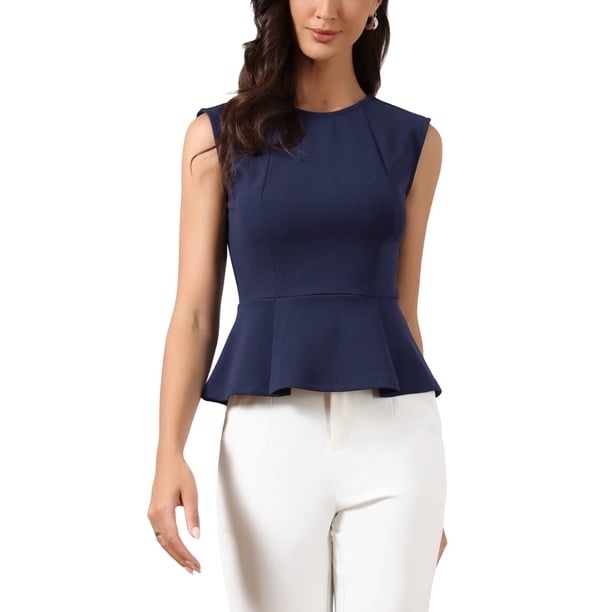 INSPIRE CHIC Chaleco Peplum para Mujer Elegante Sin Mangas Cuello Redondo Dobladillo Acampanado Blusas de Oficina M Azul Marino