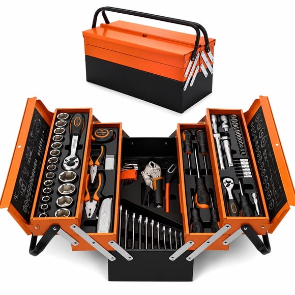 Caja Herramientas 85 Pcs | 5 Niveles Plegable Metal Cromo/85pcs Naranja